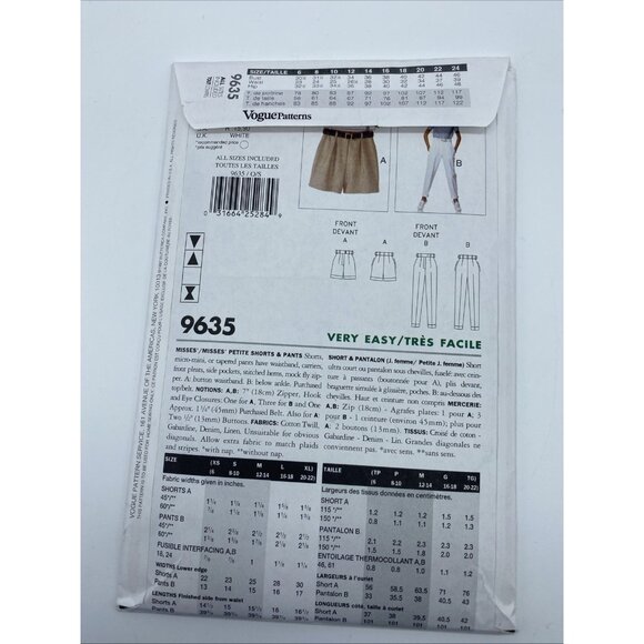 Vogue Patterns 9635 Misses Petite Shorts & Pants All Sizes Uncut Factory Fold - Picture 3 of 3